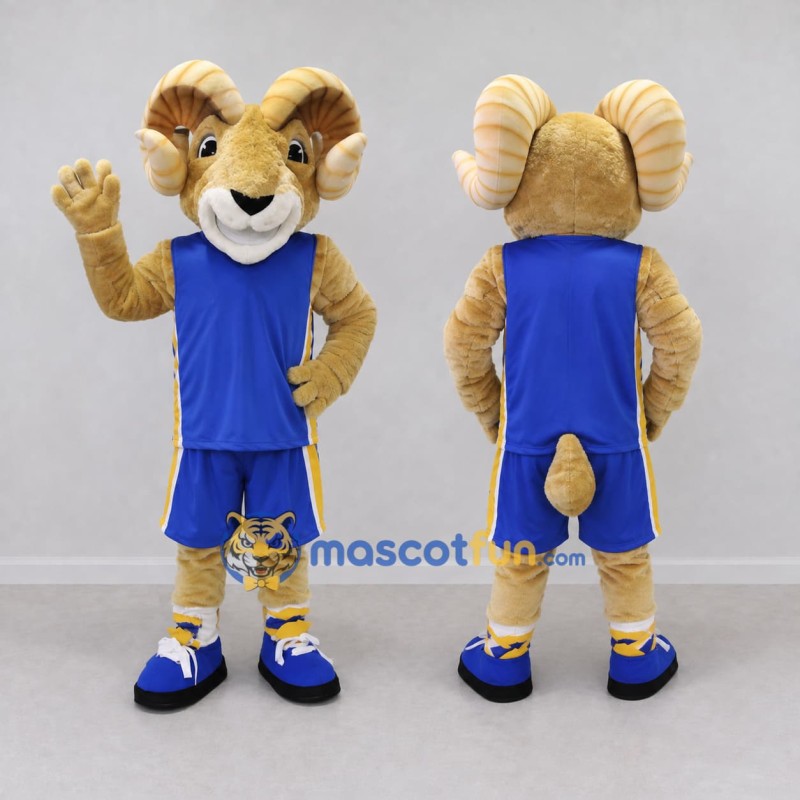 Custom Tan and Blue Ram in Sportswear Mascot Costume Adult Full Body Suit for Sports Events Custom Tan and Blue Ram in Sportswear Mascot Costume Adult Full Body Suit for Sports Events