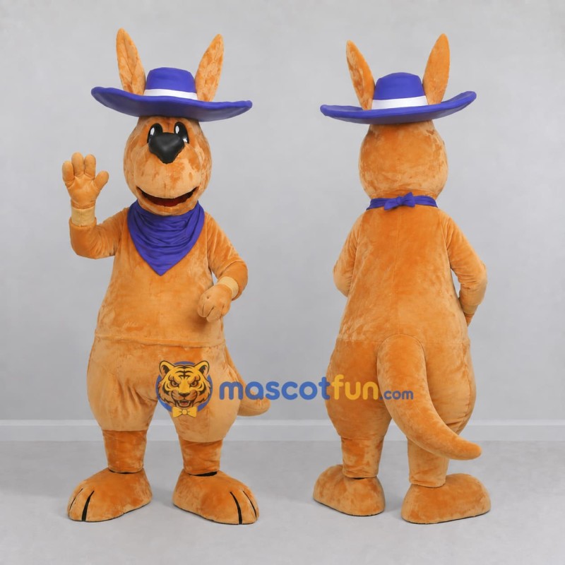 Custom Orange and Purple Kangaroo in a Cowboy Hat Mascot Costume Adult Full Body Suit for Outdoor Events Custom Orange and Purple Kangaroo in a Cowboy Hat Mascot Costume Adult Full Body Suit for Outdoor Events