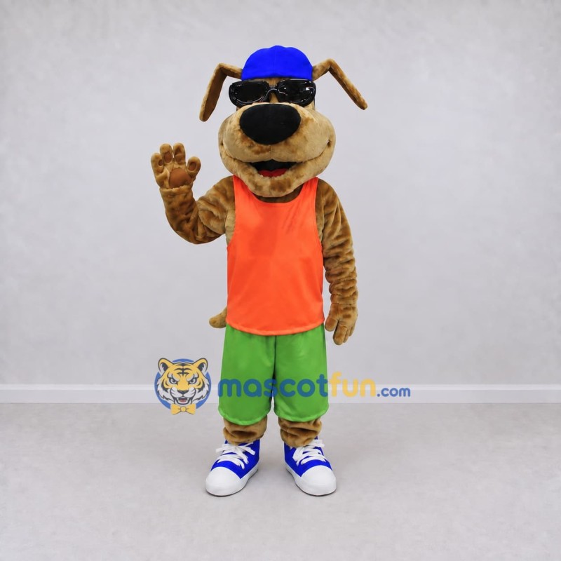 Custom Brown and Orange Dog in Sunglasses and Sportswear Mascot Costume Adult Full Body Suit for Sports Events Custom Brown and Orange Dog in Sunglasses and Sportswear Mascot Costume Adult Full Body Suit for Sports Events