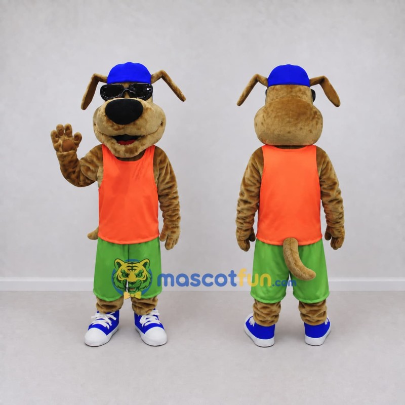 Custom Brown and Orange Dog in Sunglasses and Sportswear Mascot Costume Adult Full Body Suit for Sports Events Custom Brown and Orange Dog in Sunglasses and Sportswear Mascot Costume Adult Full Body Suit for Sports Events