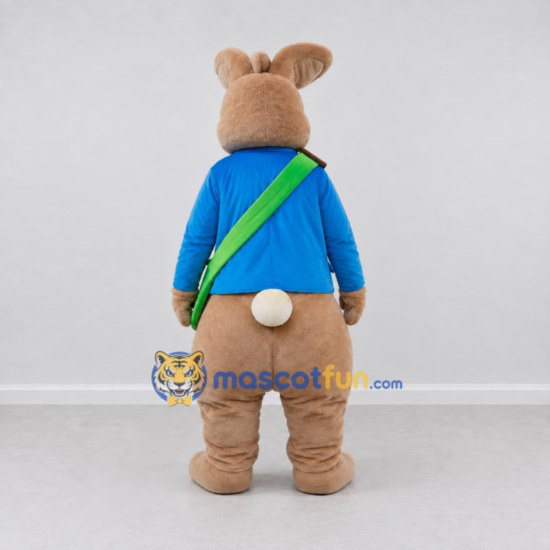 Custom Tan and Blue Rabbit in a Jacket with a Shoulder Bag Mascot Costume Adult Full Body Suit for Easter Events Custom Tan and Blue Rabbit in a Jacket with a Shoulder Bag Mascot Costume Adult Full Body Suit for Easter Events