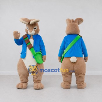 Custom Tan and Blue Rabbit in a Jacket with a Shoulder Bag Mascot Costume Adult Full Body Suit for Easter Events