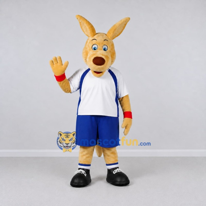 Custom Tan and Blue Kangaroo in Sportswear Mascot Costume Adult Full Body Suit for Sports Events