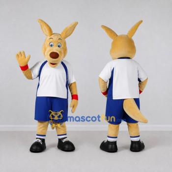 Custom Tan and Blue Kangaroo in Sportswear Mascot Costume Adult Full Body Suit for Sports Events