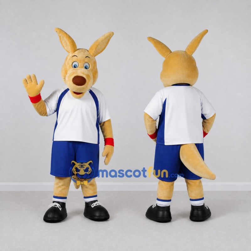 Custom Tan and Blue Kangaroo in Sportswear Mascot Costume Adult Full Body Suit for Sports Events