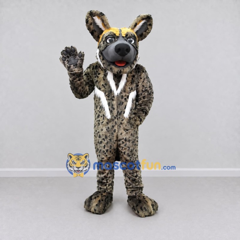Custom Brown and Black Spotted Canine Character Mascot Costume Adult Full Body Suit for Wildlife Events Custom Brown and Black Spotted Canine Character Mascot Costume Adult Full Body Suit for Wildlife Events