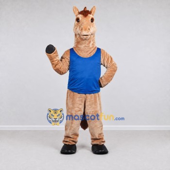 Custom Tan and Blue Horse in a Sleeveless Shirt Mascot Costume Adult Full Body Suit for Sports Events