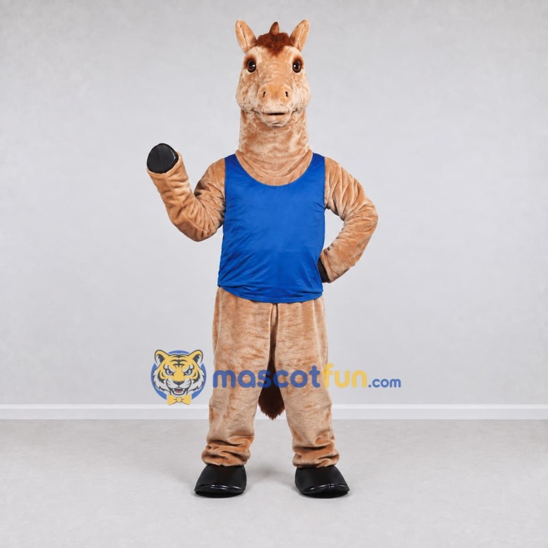 Custom Tan and Blue Horse in a Sleeveless Shirt Mascot Costume Adult Full Body Suit for Sports Events
