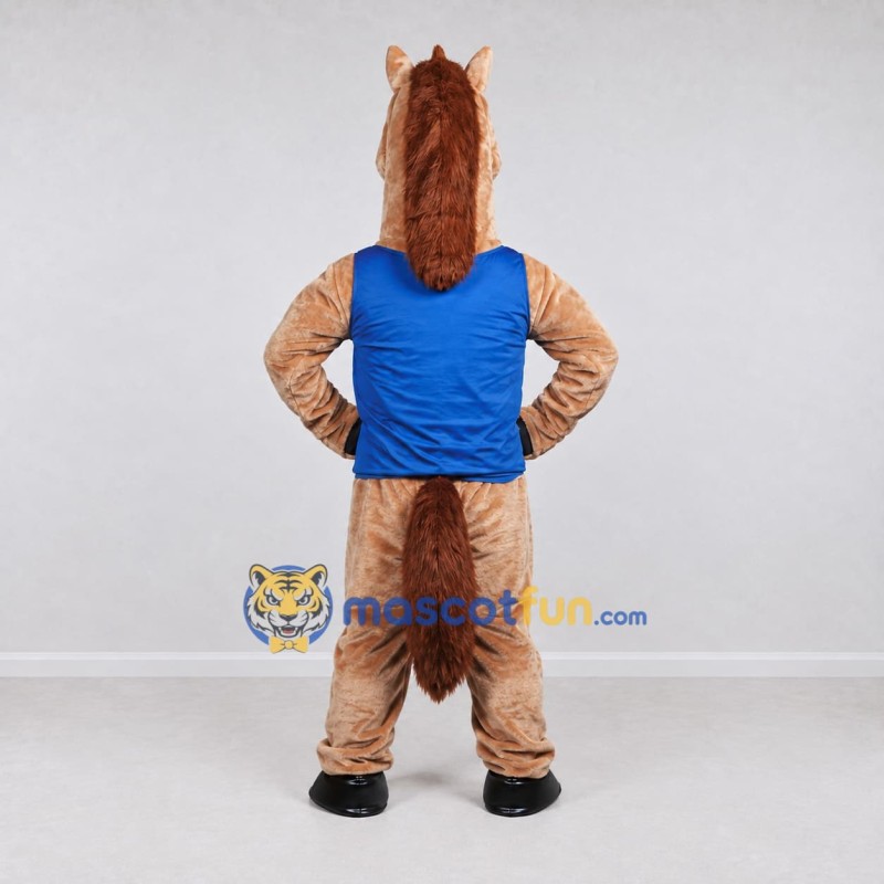 Custom Tan and Blue Horse in a Sleeveless Shirt Mascot Costume Adult Full Body Suit for Sports Events
