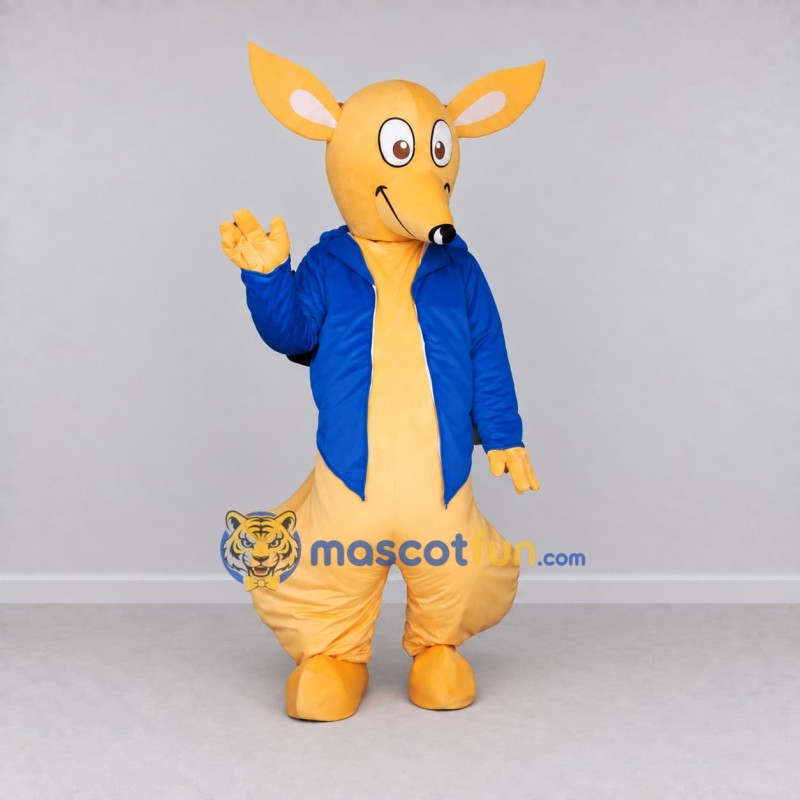 Custom Orange and Blue Kangaroo in a Jacket Mascot Costume Adult Full Body Suit for School Events Custom Orange and Blue Kangaroo in a Jacket Mascot Costume Adult Full Body Suit for School Events