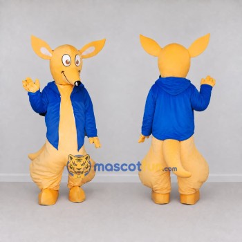Custom Orange and Blue Kangaroo in a Jacket Mascot Costume Adult Full Body Suit for School Events