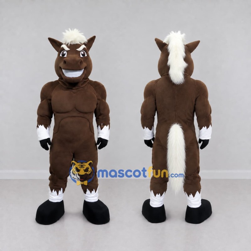Custom Brown and White Muscular Horse Mascot Costume Adult Full Body Suit for Sports Events Custom Brown and White Muscular Horse Mascot Costume Adult Full Body Suit for Sports Events