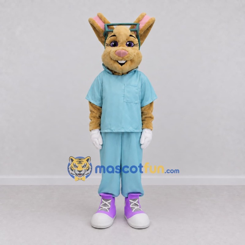 Custom Tan and Light Blue Rabbit in a Tracksuit Mascot Costume Adult Full Body Suit for School Events Custom Tan and Light Blue Rabbit in a Tracksuit Mascot Costume Adult Full Body Suit for School Events