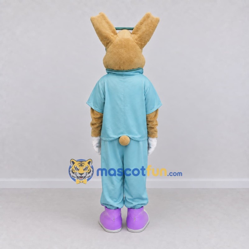 Custom Tan and Light Blue Rabbit in a Tracksuit Mascot Costume Adult Full Body Suit for School Events Custom Tan and Light Blue Rabbit in a Tracksuit Mascot Costume Adult Full Body Suit for School Events