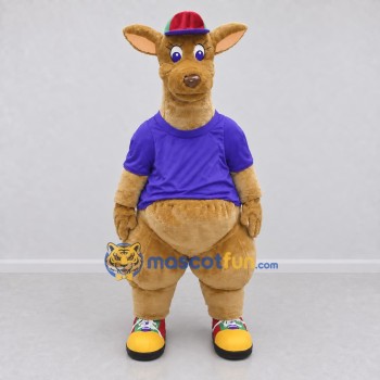 Custom Tan and Purple Kangaroo in a T-Shirt and Cap Mascot Costume Adult Full Body Suit for School Events