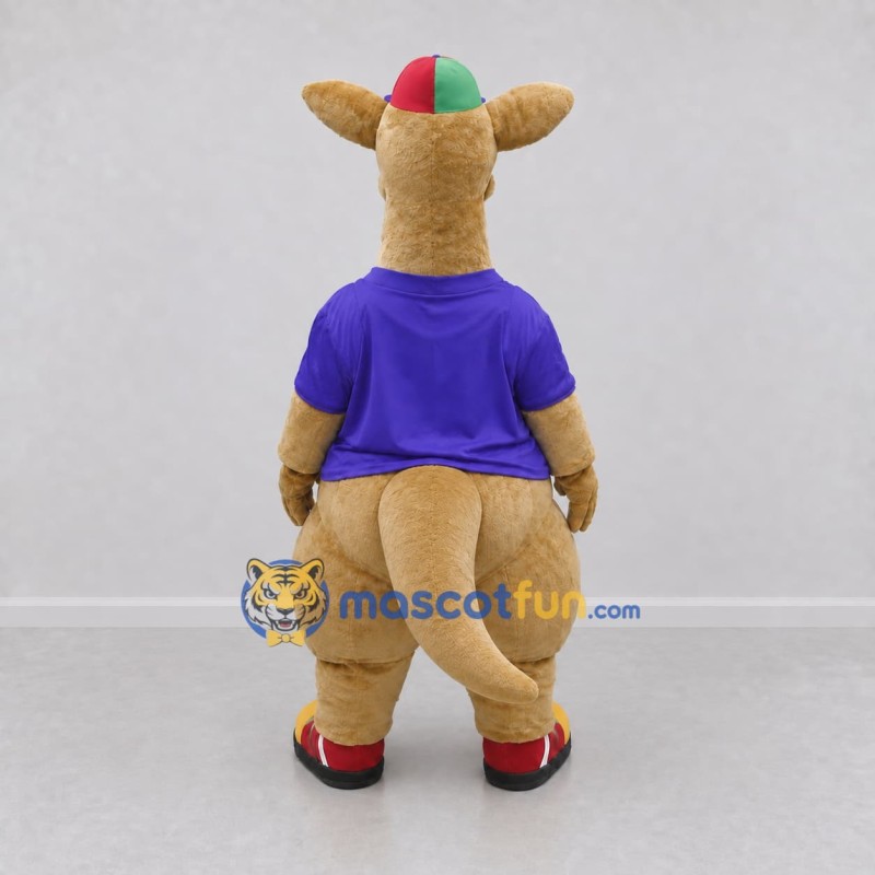Custom Tan and Purple Kangaroo in a T-Shirt and Cap Mascot Costume Adult Full Body Suit for School Events Custom Tan and Purple Kangaroo in a T-Shirt and Cap Mascot Costume Adult Full Body Suit for School Events