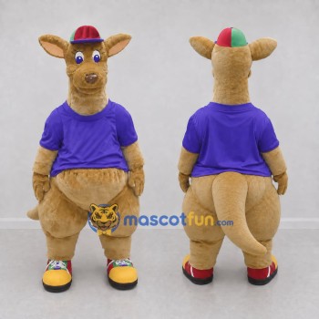 Custom Tan and Purple Kangaroo in a T-Shirt and Cap Mascot Costume Adult Full Body Suit for School Events