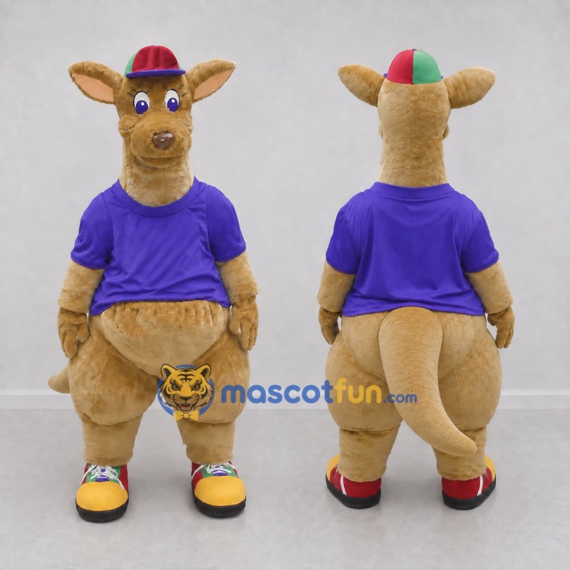 Custom Tan and Purple Kangaroo in a T-Shirt and Cap Mascot Costume Adult Full Body Suit for School Events Custom Tan and Purple Kangaroo in a T-Shirt and Cap Mascot Costume Adult Full Body Suit for School Events