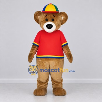 Custom Brown and Red Teddy Bear in a T-Shirt and Cap Mascot Costume Adult Full Body Suit for School Events