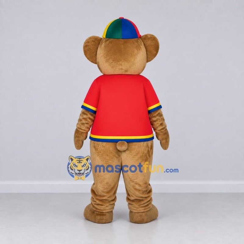 Custom Brown and Red Teddy Bear in a T-Shirt and Cap Mascot Costume Adult Full Body Suit for School Events Custom Brown and Red Teddy Bear in a T-Shirt and Cap Mascot Costume Adult Full Body Suit for School Events