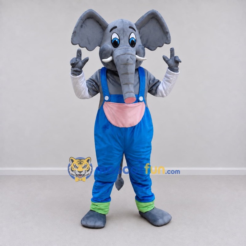 Custom Gray and Blue Elephant in Overalls Mascot Costume Adult Full Body Suit for School Events Custom Gray and Blue Elephant in Overalls Mascot Costume Adult Full Body Suit for School Events