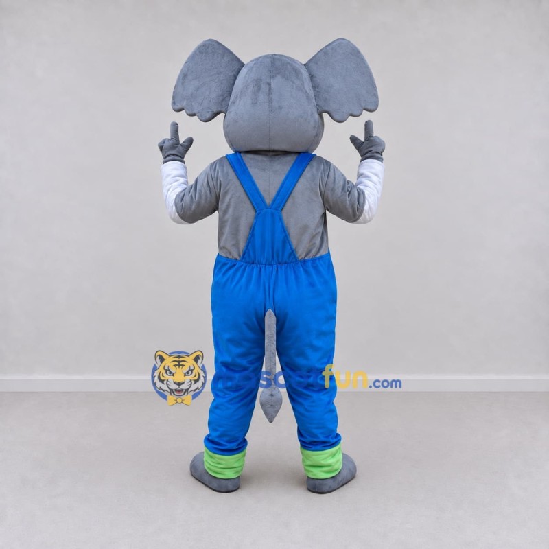 Custom Gray and Blue Elephant in Overalls Mascot Costume Adult Full Body Suit for School Events Custom Gray and Blue Elephant in Overalls Mascot Costume Adult Full Body Suit for School Events