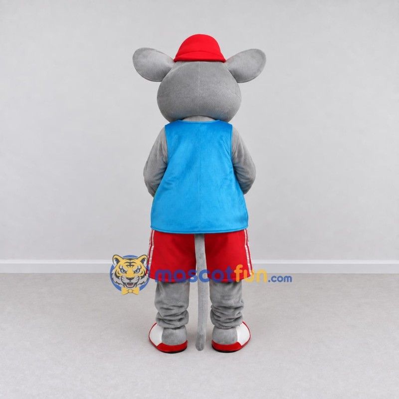 Custom Gray and Blue Mouse in a Flower Vest and Cap Mascot Costume Adult Full Body Suit for Garden Events Custom Gray and Blue Mouse in a Flower Vest and Cap Mascot Costume Adult Full Body Suit for Garden Events