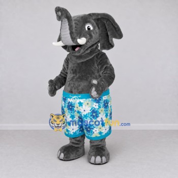 Custom Gray and Blue Elephant in Floral Shorts Mascot Costume Adult Full Body Suit for Summer Events Custom Gray and Blue Elephant in Floral Shorts Mascot Costume Adult Full Body Suit for Summer Events