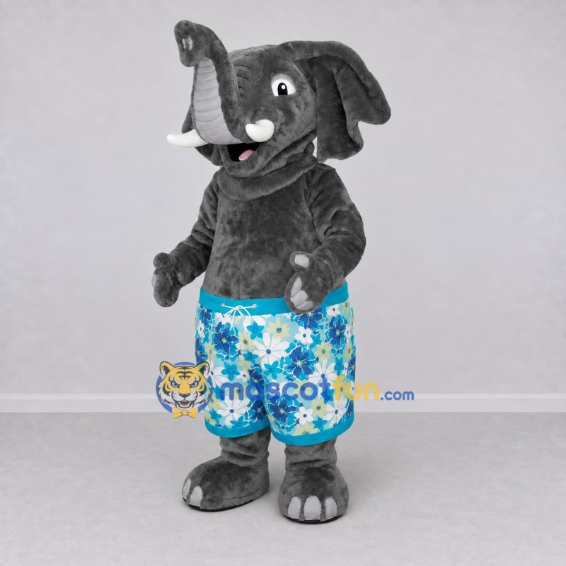 Custom Gray and Blue Elephant in Floral Shorts Mascot Costume Adult Full Body Suit for Summer Events Custom Gray and Blue Elephant in Floral Shorts Mascot Costume Adult Full Body Suit for Summer Events