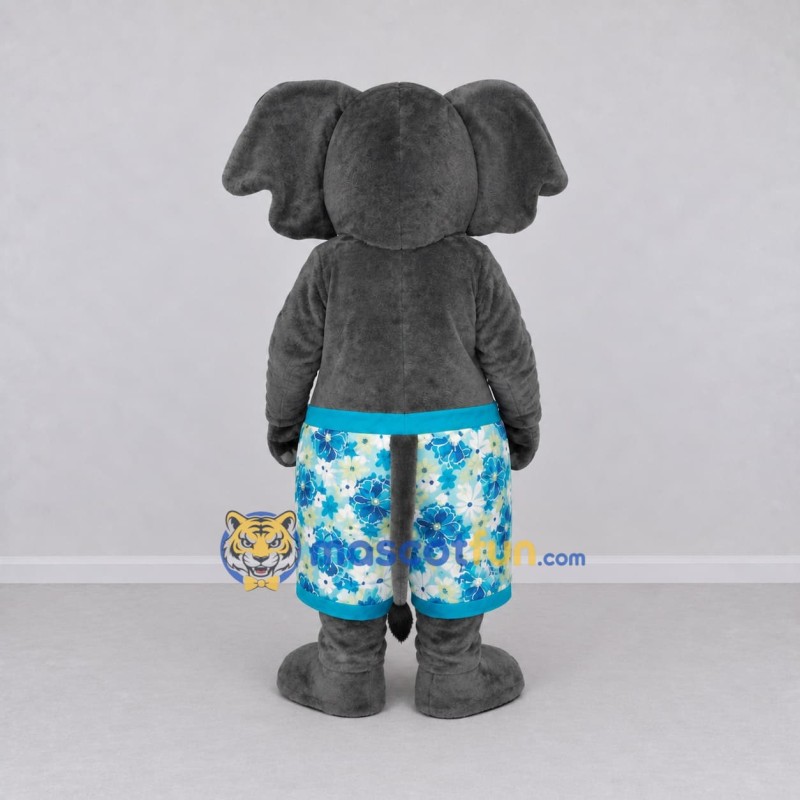 Custom Gray and Blue Elephant in Floral Shorts Mascot Costume Adult Full Body Suit for Summer Events Custom Gray and Blue Elephant in Floral Shorts Mascot Costume Adult Full Body Suit for Summer Events