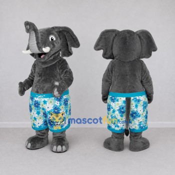 Custom Gray and Blue Elephant in Floral Shorts Mascot Costume Adult Full Body Suit for Summer Events