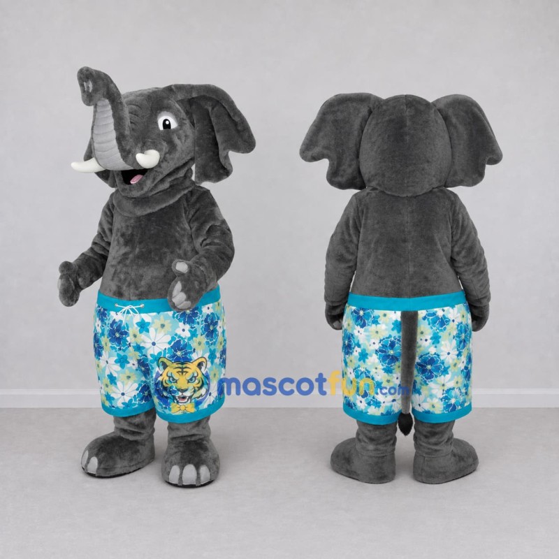 Custom Gray and Blue Elephant in Floral Shorts Mascot Costume Adult Full Body Suit for Summer Events Custom Gray and Blue Elephant in Floral Shorts Mascot Costume Adult Full Body Suit for Summer Events