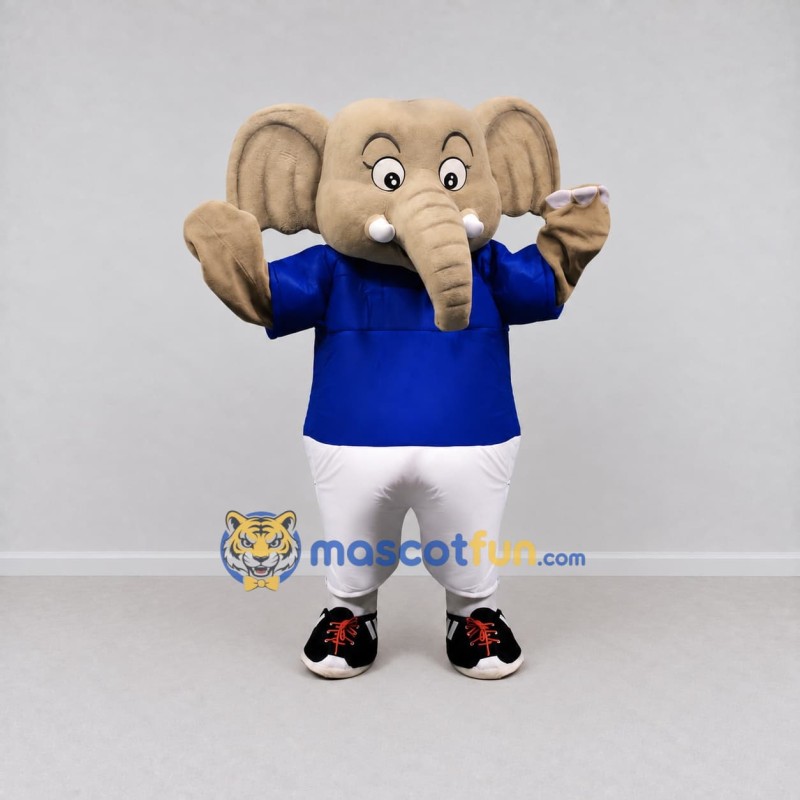 Custom Tan and Blue Elephant in Sportswear Mascot Costume Adult Full Body Suit for Sports Events