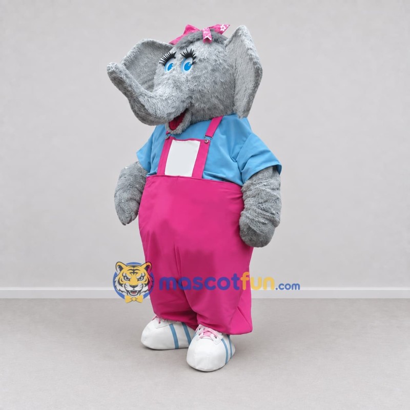 Custom Gray and Pink Elephant in Overalls Mascot Costume Adult Full Body Suit for School Events