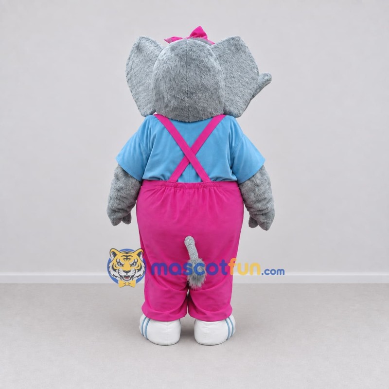 Custom Gray and Pink Elephant in Overalls Mascot Costume Adult Full Body Suit for School Events
