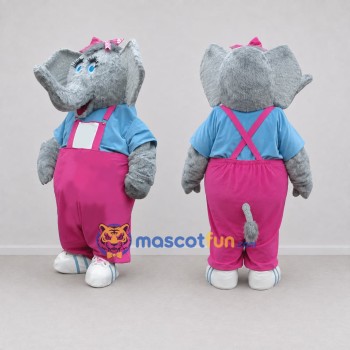 Custom Gray and Pink Elephant in Overalls Mascot Costume Adult Full Body Suit for School Events