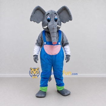 Custom Gray and Blue Elephant in Overalls Mascot Costume Adult Full Body Suit for School Events Custom Gray and Blue Elephant in Overalls Mascot Costume Adult Full Body Suit for School Events