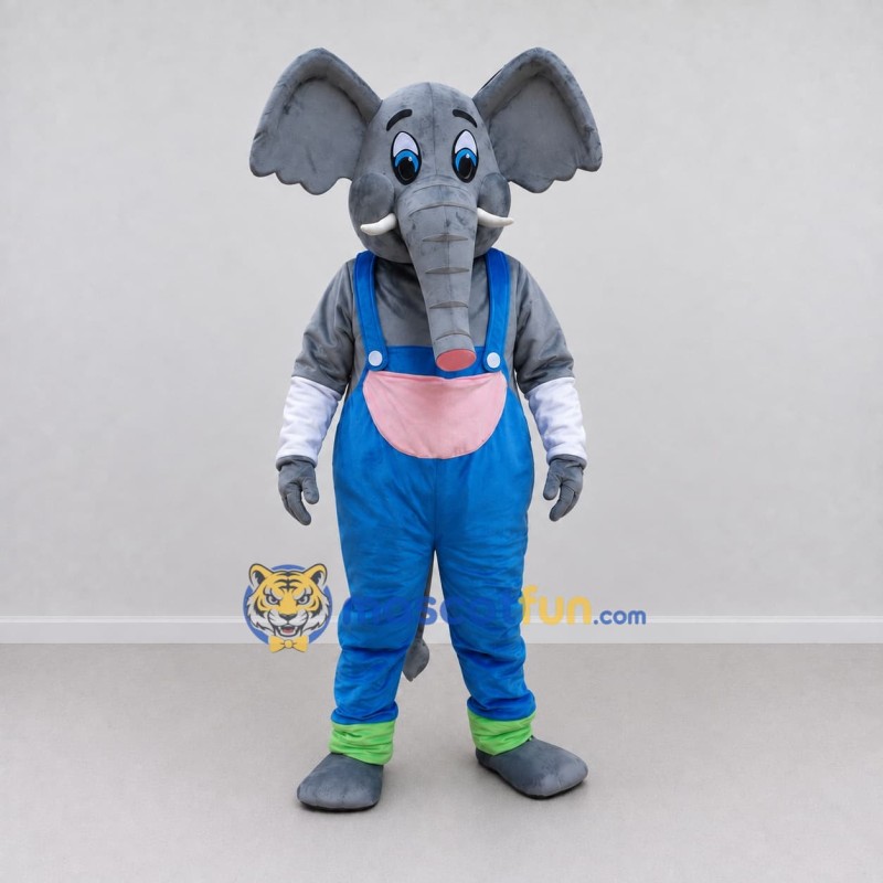 Custom Gray and Blue Elephant in Overalls Mascot Costume Adult Full Body Suit for School Events