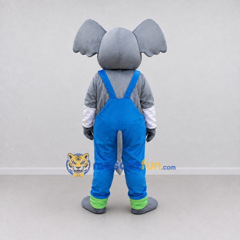 Custom Gray and Blue Elephant in Overalls Mascot Costume Adult Full Body Suit for School Events