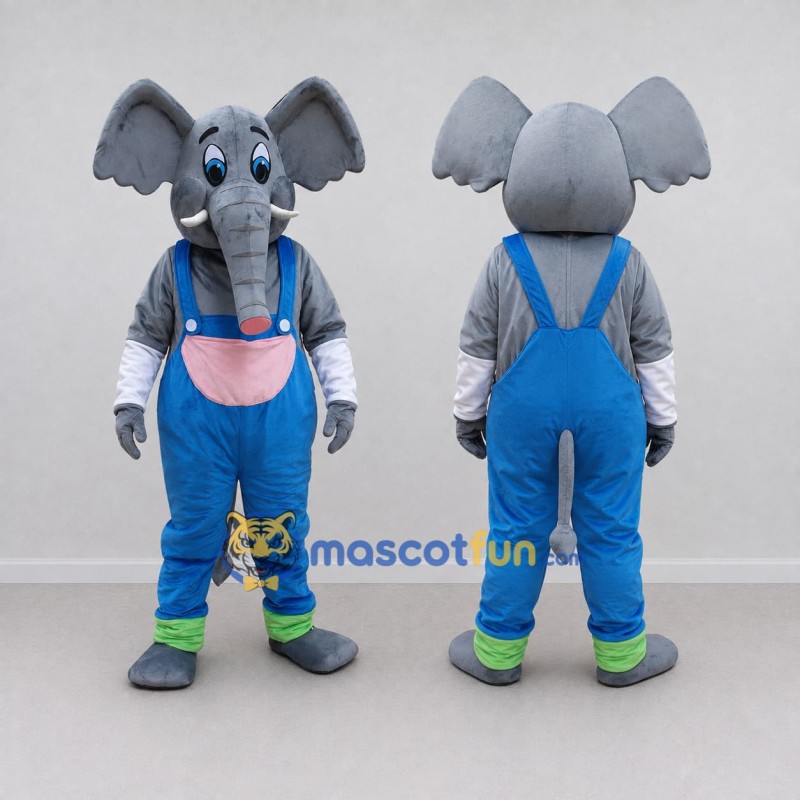 Custom Gray and Blue Elephant in Overalls Mascot Costume Adult Full Body Suit for School Events