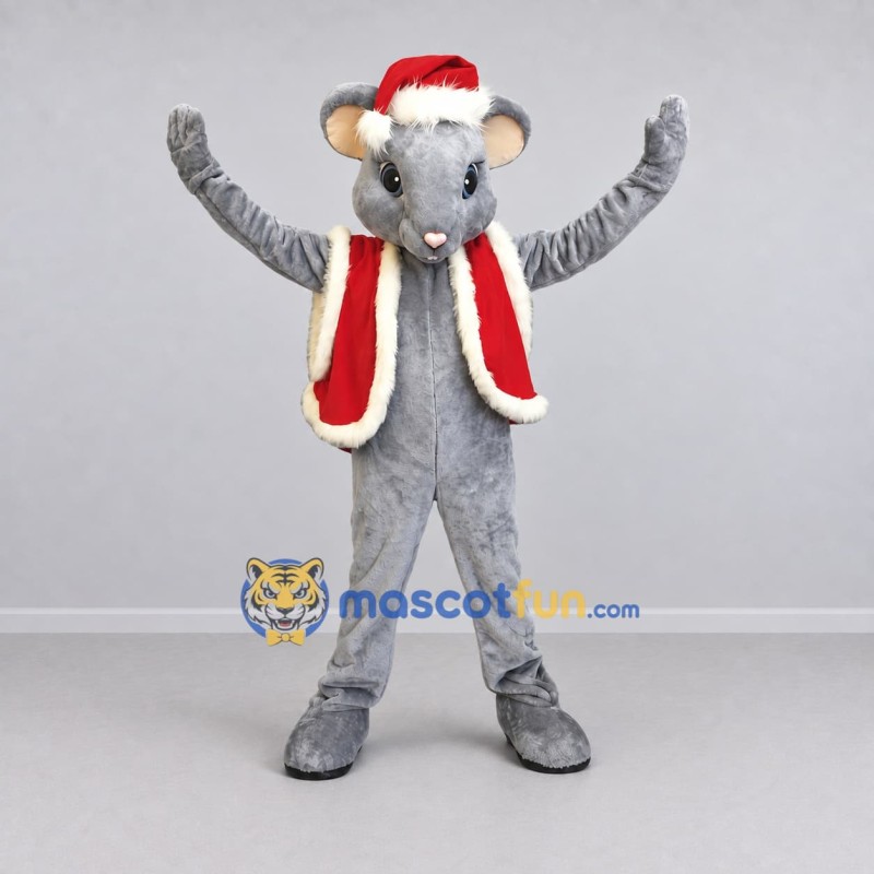 Custom Gray and Red Mouse in a Santa Hat and Vest Mascot Costume Adult Full Body Suit for Christmas Events Custom Gray and Red Mouse in a Santa Hat and Vest Mascot Costume Adult Full Body Suit for Christmas Events
