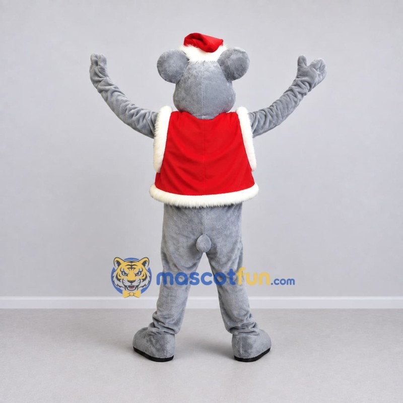 Custom Gray and Red Mouse in a Santa Hat and Vest Mascot Costume Adult Full Body Suit for Christmas Events Custom Gray and Red Mouse in a Santa Hat and Vest Mascot Costume Adult Full Body Suit for Christmas Events