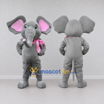 Custom Gray and Pink Elephant with a Scarf Mascot Costume Adult Full Body Suit for School Events