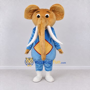 Custom Tan and Blue Mammoth in an Outfit Mascot Costume Adult Full Body Suit for Wildlife Events Custom Tan and Blue Mammoth in an Outfit Mascot Costume Adult Full Body Suit for Wildlife Events