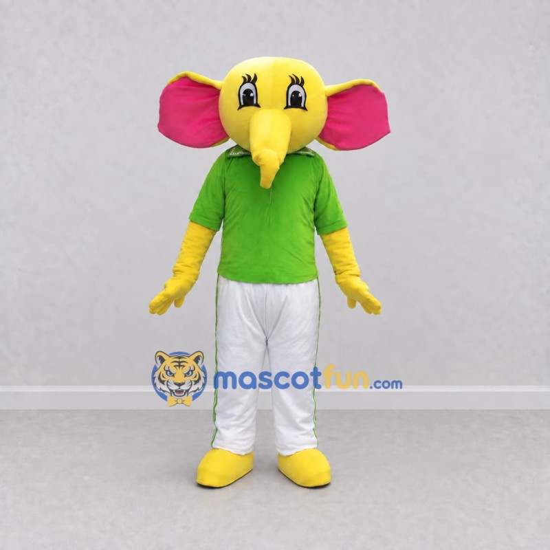 Custom Yellow and Green Elephant in a Shirt and Pants Mascot Costume Adult Full Body Suit for School Events Custom Yellow and Green Elephant in a Shirt and Pants Mascot Costume Adult Full Body Suit for School Events