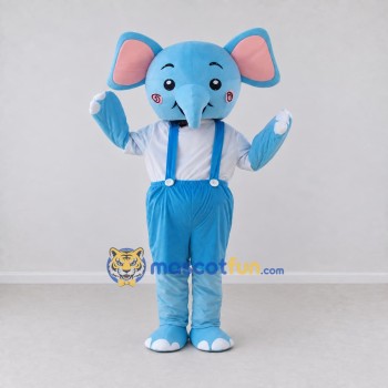 Custom Blue and White Elephant in Overalls Mascot Costume Adult Full Body Suit for School Events Custom Blue and White Elephant in Overalls Mascot Costume Adult Full Body Suit for School Events