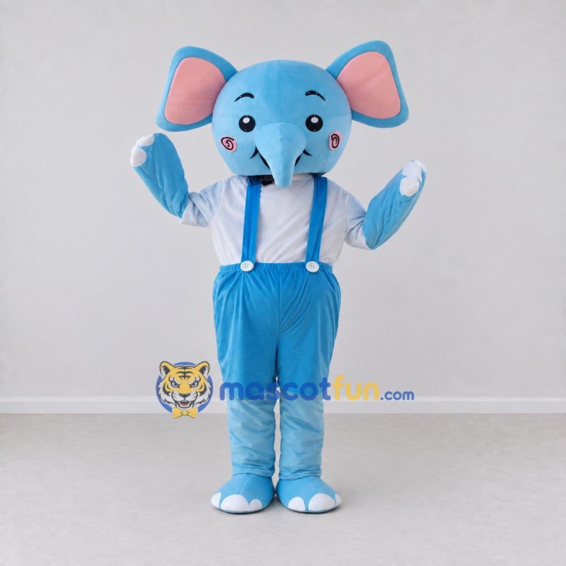 Custom Blue and White Elephant in Overalls Mascot Costume Adult Full Body Suit for School Events