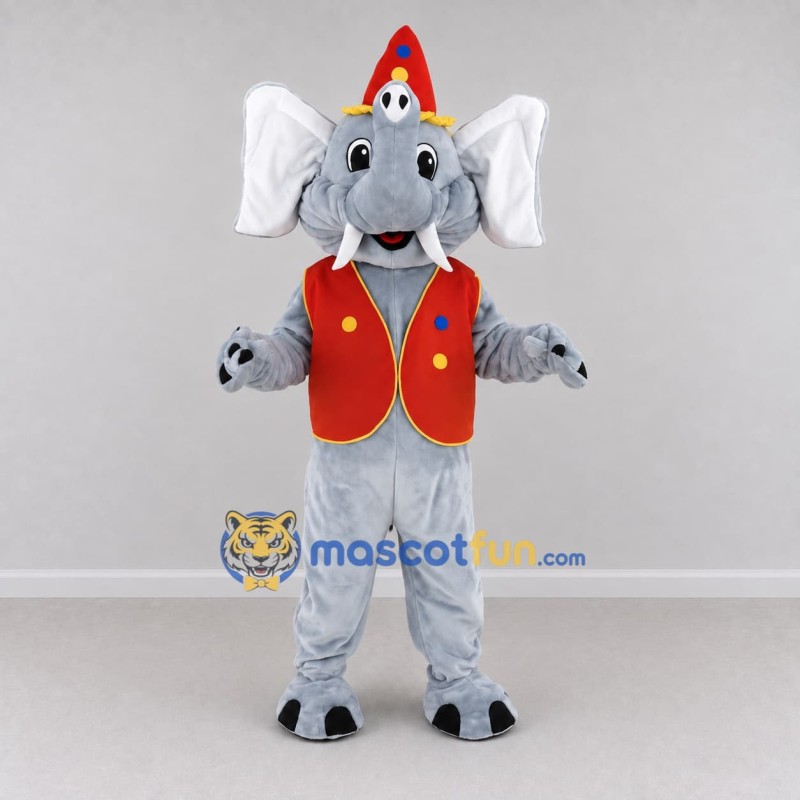 Custom Gray and Red Elephant in a Cone Hat and Vest Mascot Costume Adult Full Body Suit for Theme Parties