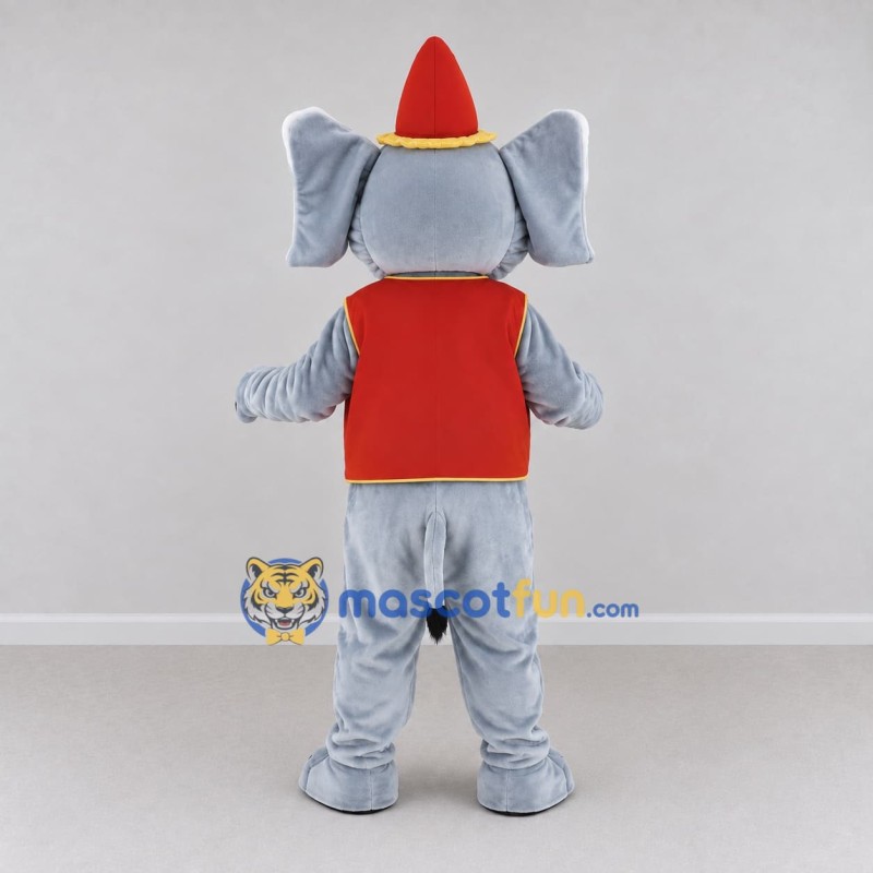 Custom Gray and Red Elephant in a Cone Hat and Vest Mascot Costume Adult Full Body Suit for Theme Parties