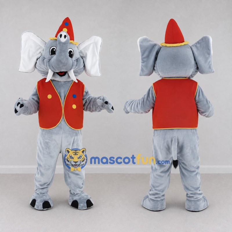 Custom Gray and Red Elephant in a Cone Hat and Vest Mascot Costume Adult Full Body Suit for Theme Parties